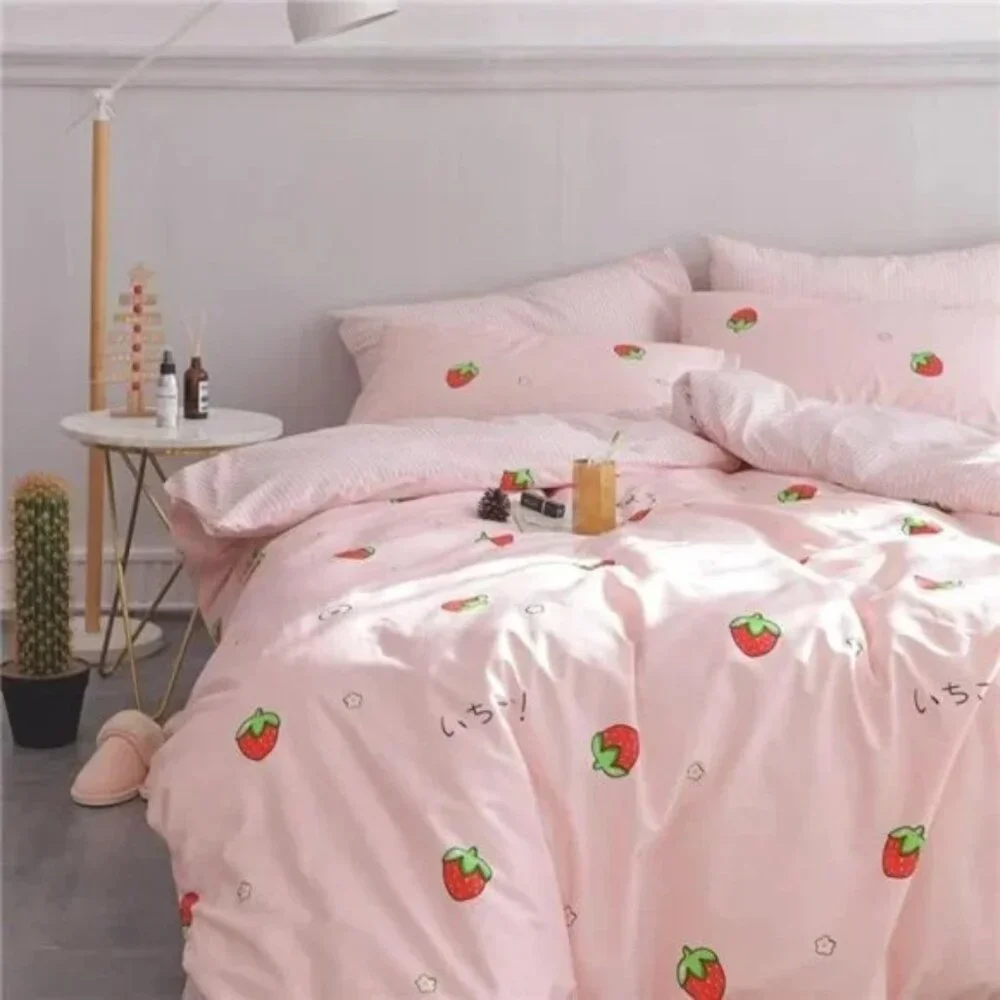 Duvet CoverSet Pure Cotton Cute Pink Anime Bedding Set 3 PCS with Zipper Closure